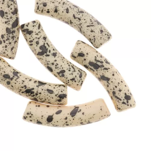 32x8 mm curved tube beads in opaque acrylic - Beige Mottled Black x6