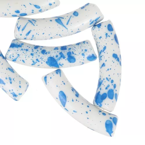 32x8 mm curved tube beads in opaque acrylic - White Mottled Blue x6