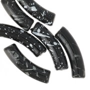 32x8mm Curved tube beads in opaque acrylic - Black Mottled White x6