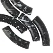 32x8mm Curved tube beads in opaque acrylic - Black Mottled White x6
