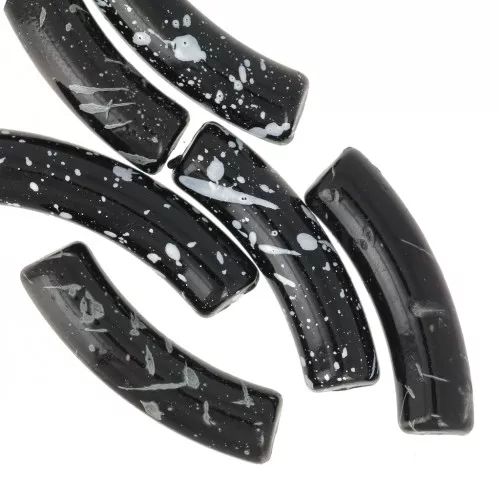 32x8 mm curved tube beads in opaque acrylic - Black Mottled White x6