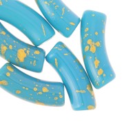 35x11mm curved tube beads in opaque acrylic - Turquoise - Mottled Gold x6