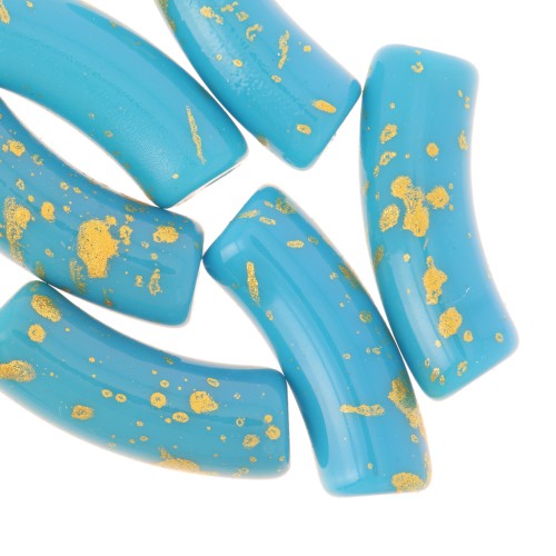 35x11mm curved tube beads in opaque acrylic - Turquoise - Mottled Gold x6