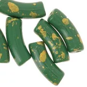 35x11mm curved tube beads in opaque acrylic - Fir Green - Mottled Gold x6