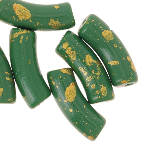 35x11mm curved tube beads in opaque acrylic - Fir Green - Mottled Gold x6
