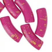 Curved tube beads 35x11mm in opaque acrylic - Fuchsia - Mottled Gold x6