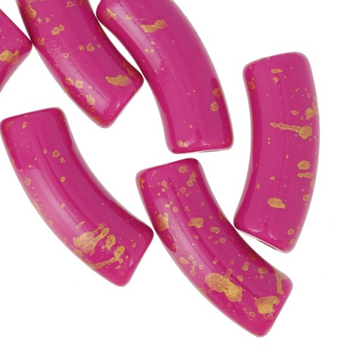 Curved tube beads 35x11mm in opaque acrylic - Fuchsia - Mottled Gold x6