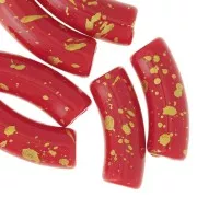 35x11mm curved tube beads in opaque acrylic - Red - Mottled Gold x6