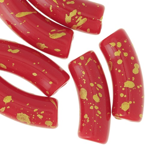 35x11mm Opaque acrylic curved tube beads - Red Mottled Gold x6