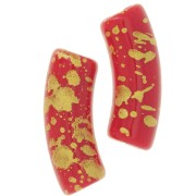 35x11mm curved tube beads in opaque acrylic - Red - Mottled Gold x6