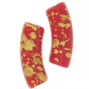 35x11mm curved tube beads in opaque acrylic - Red - Mottled Gold x6