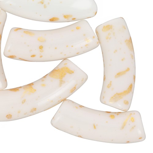 35x11mm curved tube beads in opaque acrylic - White - Mottled Gold x6