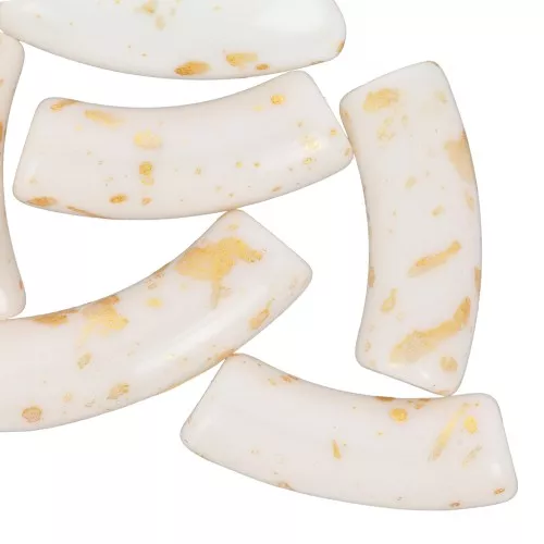 35x11mm curved tube beads in opaque acrylic - White - Mottled Gold x6