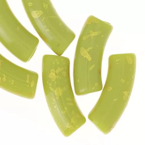 35x11mm curved tube beads in opaque acrylic - Anise Green - Gold Speckled x6