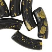 35x11mm curved tube beads in opaque acrylic - Black - Mottled Gold x6