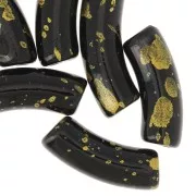 35x11mm curved tube beads in opaque acrylic - Black - Mottled Gold x6