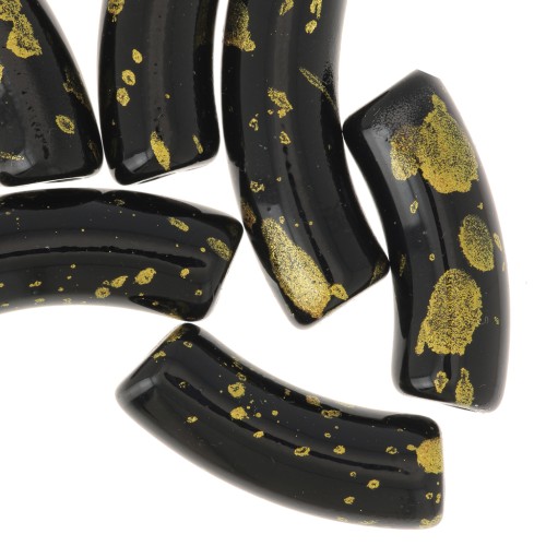 35x11mm curved tube beads in opaque acrylic - Black - Mottled Gold x6