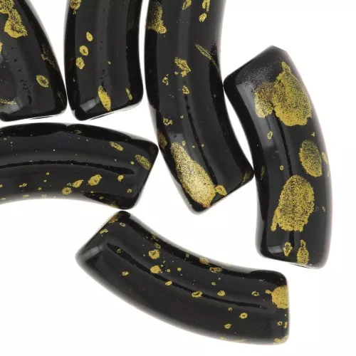 35x11mm curved tube beads in opaque acrylic - Black - Mottled Gold x6