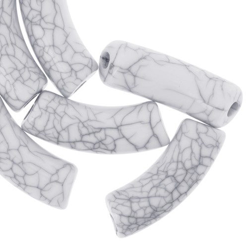 Curved tube beads 35x11mm crackle effect in opaque acrylic - White x6