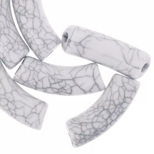 Curved tube beads 35x11mm crackle effect in opaque acrylic - White x6