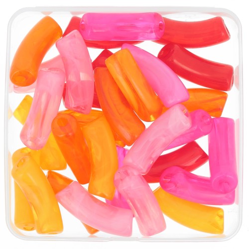Set of 30 clear acrylic curved tube beads 35x11mm Marbled Pink x1