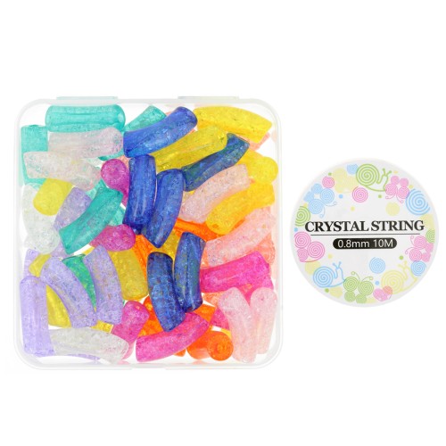 Set of 60 transparent acrylic beads, curved tube 35x11mm, crackle effect