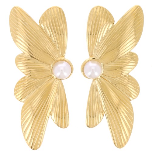 40x16mm Stainless steel 304L Half flower earrings pearly cabochon - Gold x2