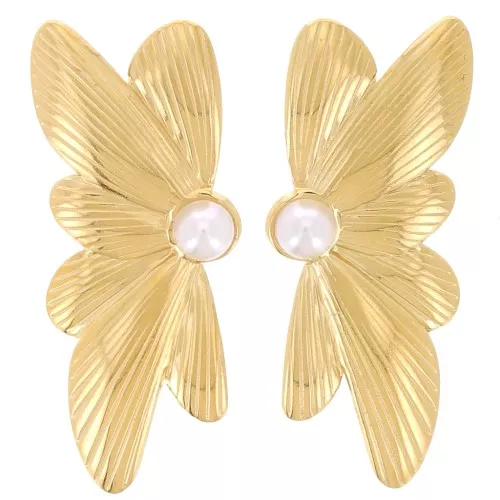 40x16mm Stainless steel 304L Half flower earrings pearly cabochon - Gold x2