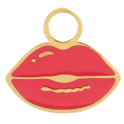 8x9mm Stainless steel 316L Mouth charm Epoxy resin - Gold - Red x1