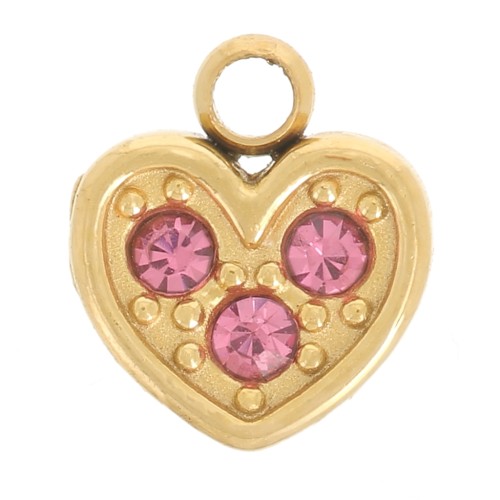 6.5x6mm 304L Gold Stainless Steel Heart Charm with Zirconium Oxides - Pink x1