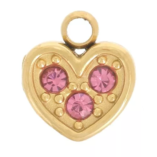 6.5x6mm 304L Gold Stainless Steel Heart Charm with Zirconium Oxides - Pink x1