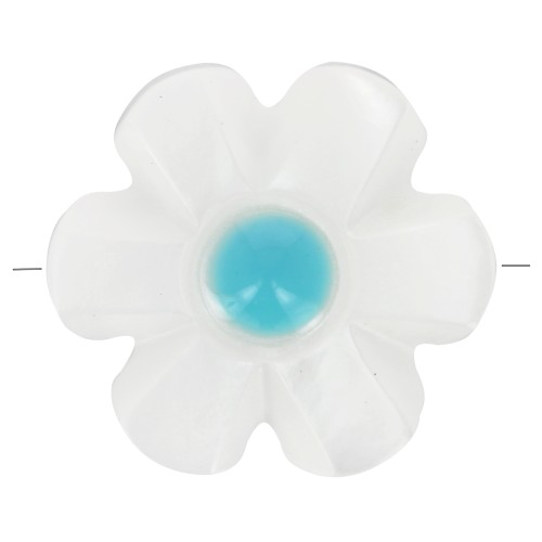 12mm mother-of-pearl flower bead - White - Blue x1