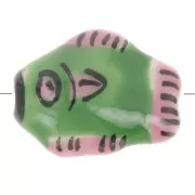12x15mm Ceramic fish bead - Green - Pink x1