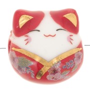 14mm Luck cat bead - lucky charm - ceramic - Red x1