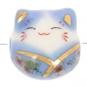 14mm Luck cat bead - lucky charm - ceramic - Blue x1