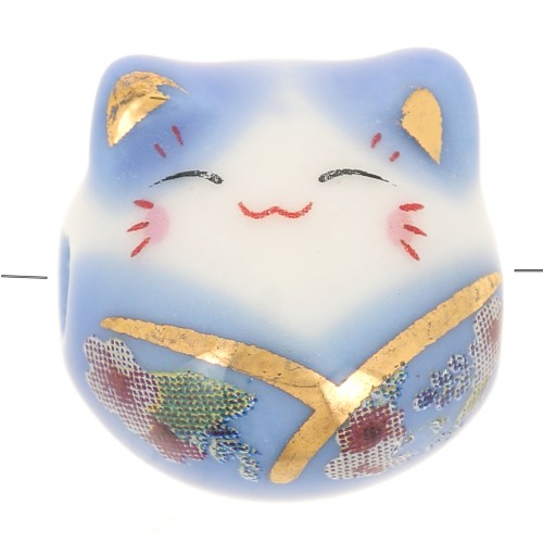 14mm Luck cat bead - lucky charm - ceramic - Blue x1