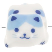 11x16mm Ceramic cat bead - White - Blue x1