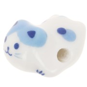 11x16mm Ceramic cat bead - White - Blue x1