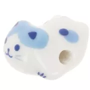 11x16mm Ceramic cat bead - White - Blue x1