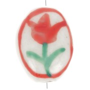 14x11mm Flat oval ceramic flower bead - White - Red x1