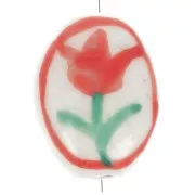 14x11mm Flat oval ceramic flower bead - White - Red x1