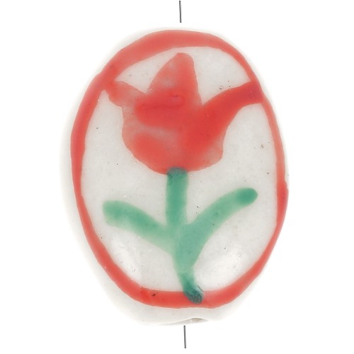 14x11mm Flat oval ceramic flower bead - White - Red x1