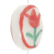 14x11mm Flat oval ceramic flower bead - White - Red x1
