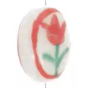 14x11mm Flat oval ceramic flower bead - White - Red x1