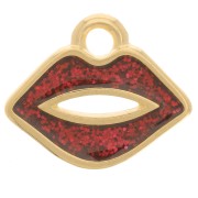 11x13mm mouth charm with epoxy resin - Fine Gold-plated - Red glitter x1
