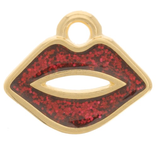 11x13mm mouth charm with epoxy resin - Fine Gold-plated - Red glitter x1