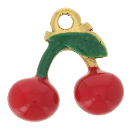 11.5x12mm Stainless steel 316L Charm Cherry - Epoxy resin - Gold - Red x1