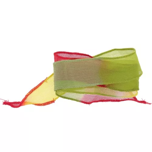 25mm silk ribbon - Tie and dye - Light green - Yellow - Red x85cm