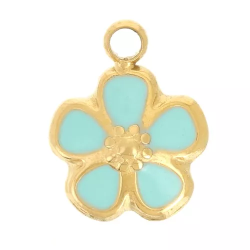 6.5mm 304L stainless steel Flower charm - Epoxy resin - Gold - Turquoise x1