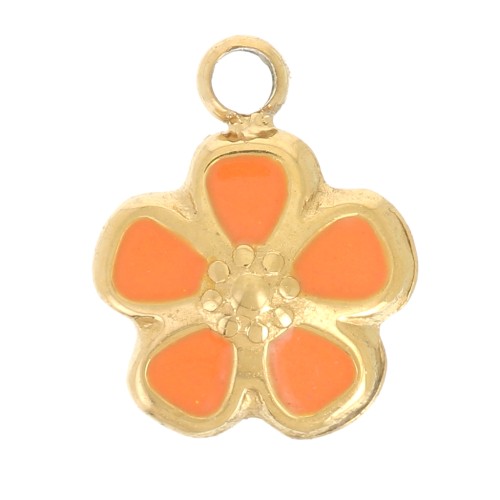 6.5mm 304L stainless steel Flower charm - Epoxy resin - Gold - Coral x1